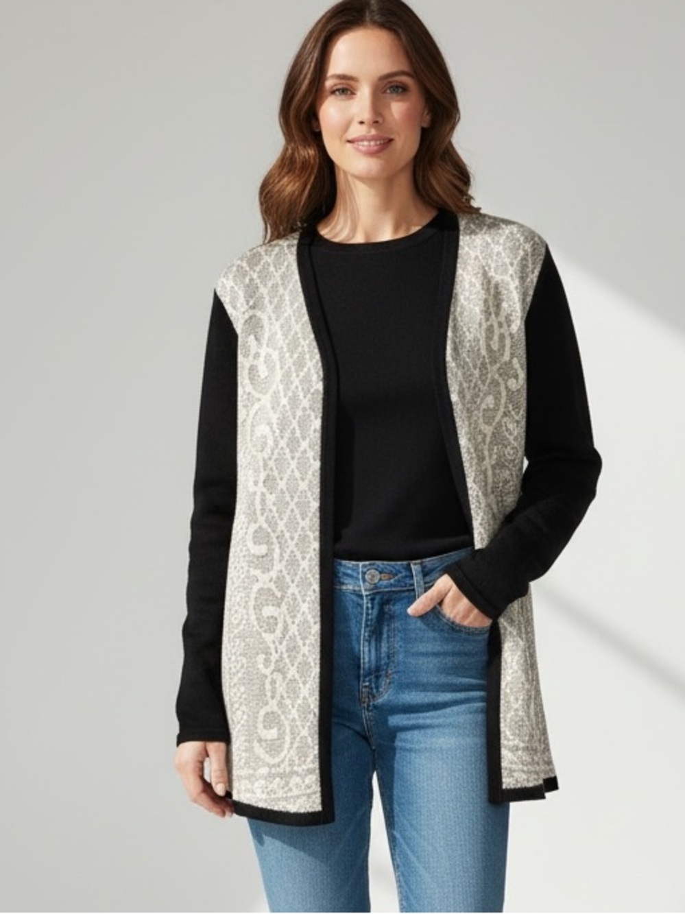 Chico’s blocked scroll Nadine open cardigan